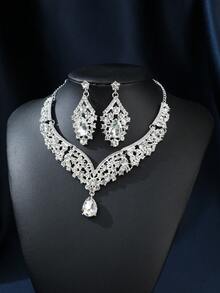 Juego de 1/3/4 piezas de corona nupcial, collar y pendientes de moda, tocado de aleación de zinc con pedrería, juego de joyas de boda - Elegante juego de accesorios de boda - Multicolor - Ver 39