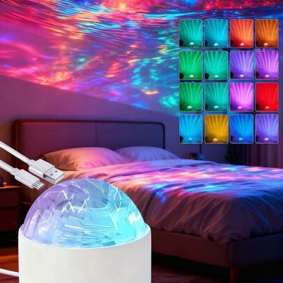 1个LED波浪灯投影仪，多种颜色模式，最新款波浪投影灯，16种不同的灯光效果，小巧便携，星空投影灯，卧室夜灯，家庭影院，天花板装饰，礼品，节日，露营，婚礼装饰，浪漫氛围灯，适合房间装饰，男孩女孩生日礼物