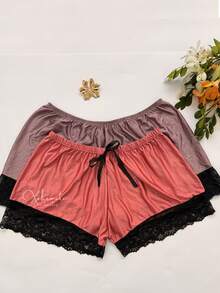 Set Of 3 Short Doll Shorts With Lace And Satin Polyamide Shiny Sexy Women's Pajama Shorts - 彩色 - 查看 3