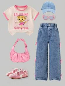 女童撞色袖口短袖上衣和蝴蝶结牛仔裤 - 杏色 - 查看 2