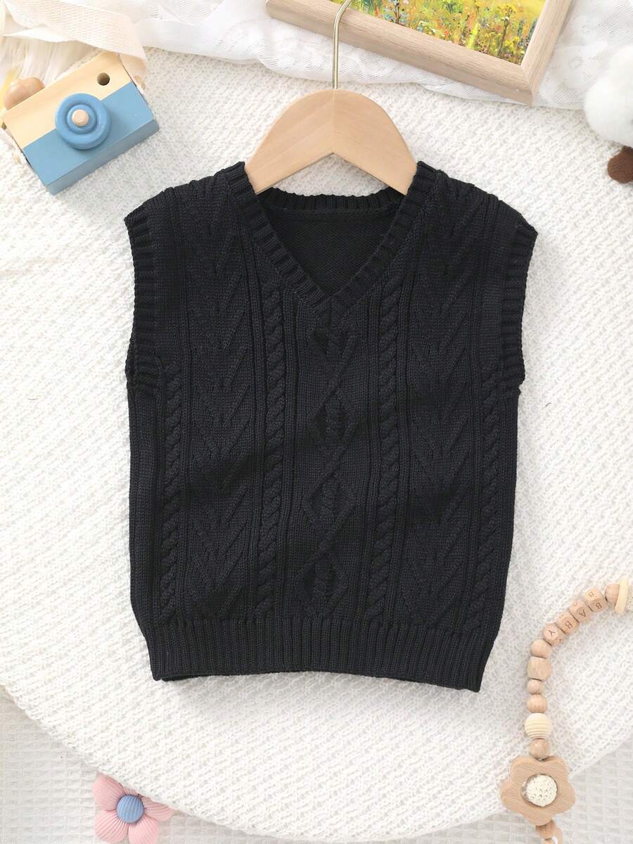 Baby Boy Collegiate Style Plain Color Cable Knit Sweater Vest, Spring/Summer - Black - View 1