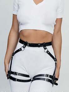 Women's PU Leather Thigh Garter, Fashion PU Leather Leg Harness, Adjustable Accessory Waist Belt, PU Leather Leg Restraint - Black - View 3