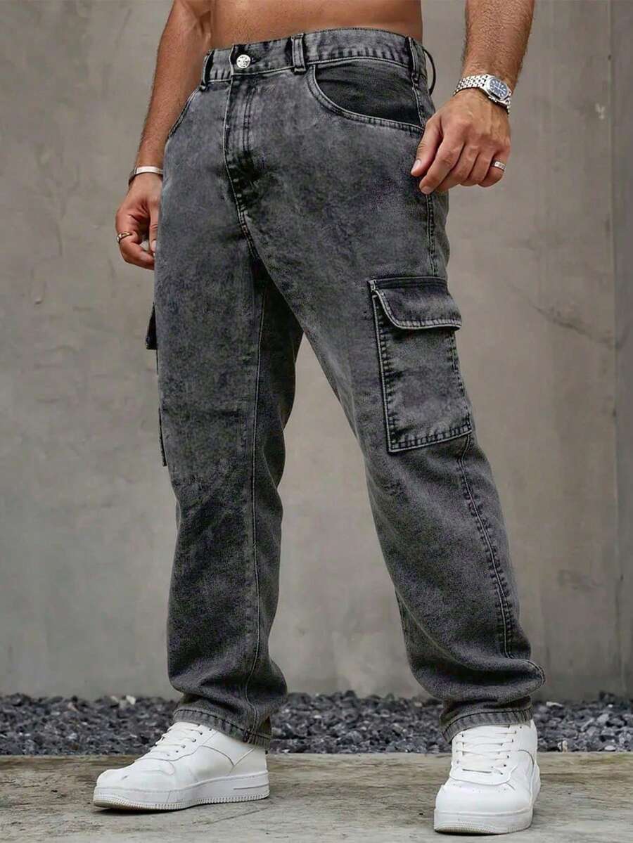 Men's Fashionable Casual Cargo Pocket Denim Jeans - Grey - View 1