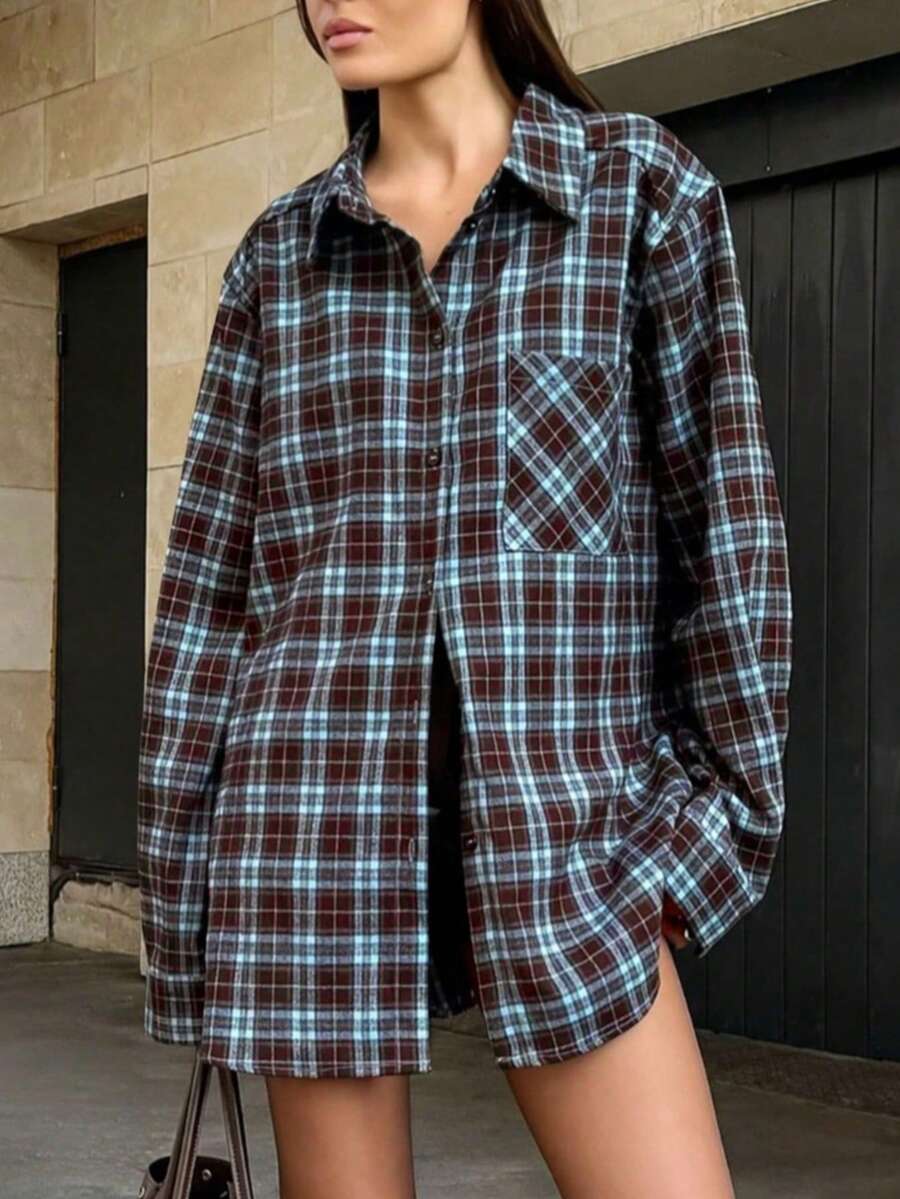 Women's Retro Plaid Button-Up Shirt | Loose Fit Top With Pockets And Slit Hem - Fashionable Casual Blouse - Plaid - View 1