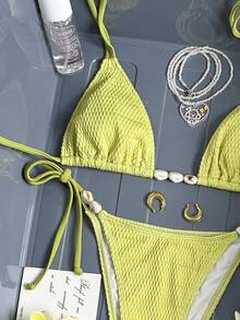Conjunto de bikini de 2 piezas sexy para mujer Suntide - Tela de jacquard verde aguacate con decoración de cuentas degradadas blancas, traje de baño para fiesta de playa, vacaciones de primavera - Verde Lima - Ver 6