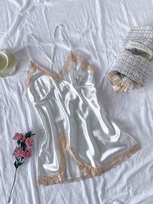 女士吊带睡裙，性感内衣套装，家居服，秋冬睡衣，简约欧美风长袖睡衣，适合学生，韩版夏季穿着，可用于度假、居家、浴室装饰，返校必备 - 白色 - 查看 5