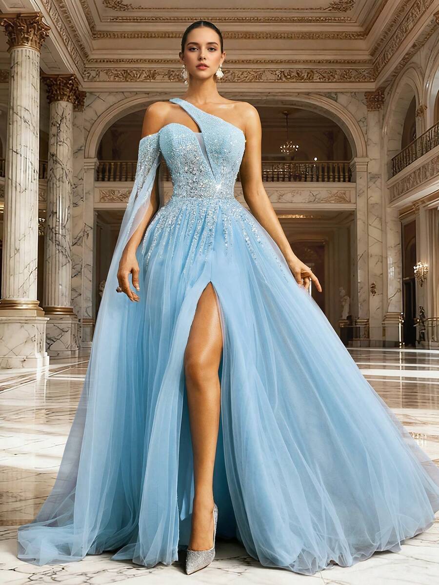 VIPGIRL 优雅蓝色单肩薄纱亮片连衣裙，高开衩披肩设计，女士正式晚礼服，迷人鸡尾酒会礼服 - 淺藍色 - 查看 1