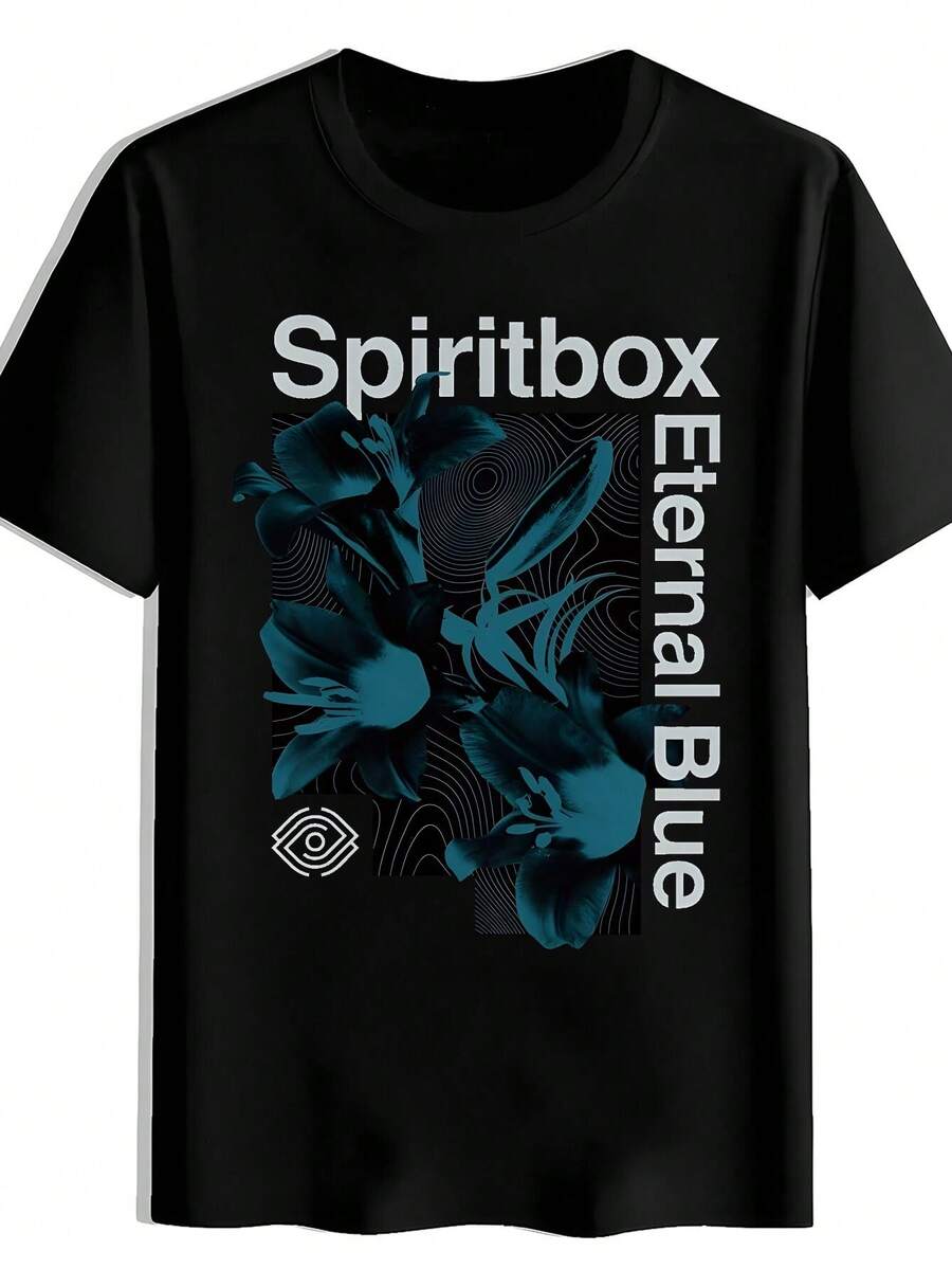 Men'S Black T-Shirt With Spiritbox Eternal Blue Graphic Print - Artistic Design, Breathable Polyester, Casual Round Neck Short Sleeve Tee For Summer, Travel, Beach, And Holiday Wear, Beachwear Tee |   Artistic Print Tee |   Durable Fabric, Spiritbox T Shirt - 黑色 - 查看 1