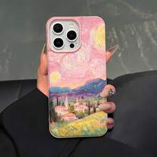 Funda de TPU con diseño de paisaje de pueblo al atardecer y arte abstracto para  17,  16 Pro Max,  15 Pro Max,  13 y  12, con protección anticaídas. Un regalo perfecto para familiares, amigos, parejas e ideal para celebraciones navideñas. - Rosa - Ver 5