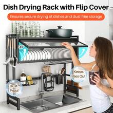 HanTai Over The Sink Dish Drying Rack 3-Tier Dish Drainer Racks With Cover Space-Saving Kitchen Organizer For Dishes, Glasses, Bowls & Cutlery - Black - View 4