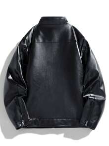 Jaket Kulit PU Pria Kerah Tegak Berlapisan Termal Lengan Panjang Warna Polos dengan Resleting Depan - Hitam - View 2