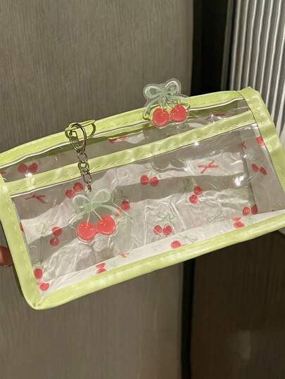 3件套抹茶樱桃透明双层铅笔盒，ins风高品质学生文具收纳包（含吊坠、PP夹）