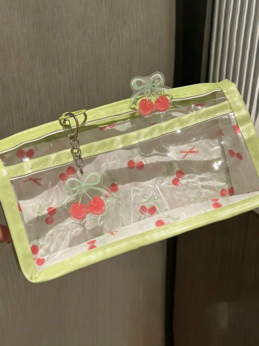 Bộ 3 hộp bút hai lớp trong suốt màu Matcha & Cherry, phong cách Ins, chất lượng cao, dùng để đựng đồ dùng học tập cho học sinh (bao gồm mặt dây chuyền và kẹp PP). - anh đào - Xem 1