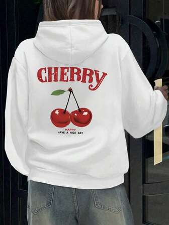 Plus Size Cherry, CHERRY, "HAPPY HAVE A NICE DAY" Text Printed Hoodie, Polyester Knitted Fabric With Pocket, First Choice For Autumn & Winter Street Wear