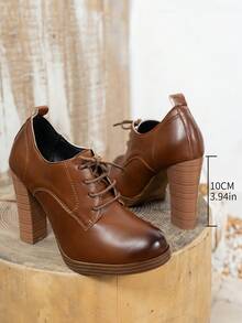 Fashionable High-End Elegant Vintage Minimalist Sophisticated Black Lace-Up Chunky Heel Women's High Heels, Western Style PU Leather Lace-Up Party Shoes