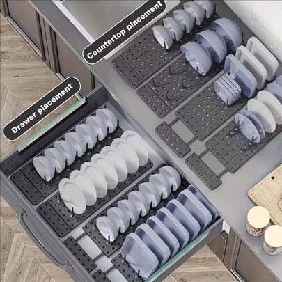 1set Stylish And Adjustable Kitchen Storage Rack With Adjustable Partitions And Columns - Heavy-Duty Plastic Space Saving Vertical Storage Rack, Dish Drying Rack, And Cooking Utensil Rack, Suitable For Plates, Pots, Pans, Bowls, And Cups - Compact Cabinet Storage, Kitchen Countertop Storage, And Drawer Storage Tools (Products With Slight Color Difference)