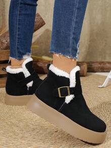 金属扣平底雪地靴，时尚百搭的套穿式踝靴 - 黑色 - 查看 2