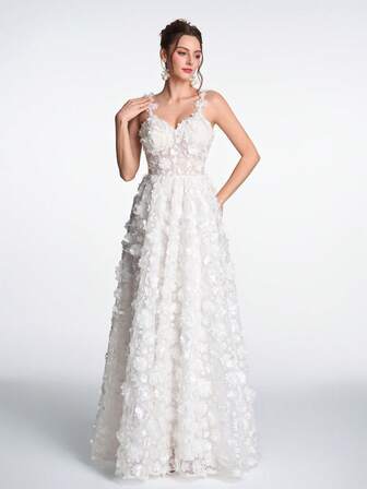 Vestido formal de lujo y romántico de Anymoon con tirantes de espagueti, escote en V profundo, malla transparente y aplicaciones florales, adecuado para despedida de soltera, fiesta de jardín de Pascua, cita de San Valentín, fiesta de compromiso, invitado de boda, gala de Navidad, fiesta de cóctel, baile de graduación, lanzamiento de marca y otras ocasiones formales