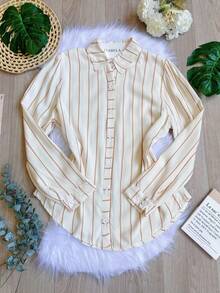 Women's Striped Button-Down Shirt, Casual, SP028 - Màu Khaki - Xem 2
