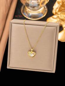 1件不锈钢心形花朵吊坠项链，创意设计，简约优雅，个性时尚复古休闲风，适合情人节、节日、假日、日常佩戴、派对等场合，是送礼佳品（OPP袋包装盒仅供拍摄使用） - 金黃色 - 查看 3