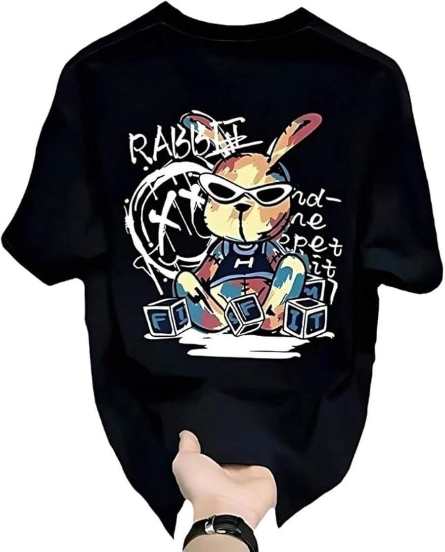 Camiseta de Hombre de Manga Corta Hip Hop Logo de Conejo Ropa de Verano Unisex Negro Blanco Tops Divertidos Primavera Conejo Negro Blanco Lindo y Elegante - Blanco - Ver 1