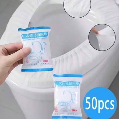 1-50 chiếc bọc bồn cầu bằng nhựa trong suốt, bền, dùng một lần, dễ vệ sinh, thích hợp làm lớp lót bồn cầu du lịch chống thấm nước có lớp lót bên trong, vật dụng gia đình tiết kiệm.