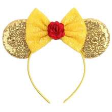 Disney 1pc Shiny Cartoon Rose Flower Themed Big Ear Sequin Headband, Women Girls Castle Theme Park Decor Hair Accessory, Student Party Costume Headpiece - Yellow - View 1