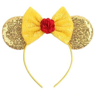 Disney 1pc Shiny Cartoon Rose Flower Themed Big Ear Sequin Headband, Women Girls Castle Theme Park Decor Hair Accessory, Student Party Costume Headpiece