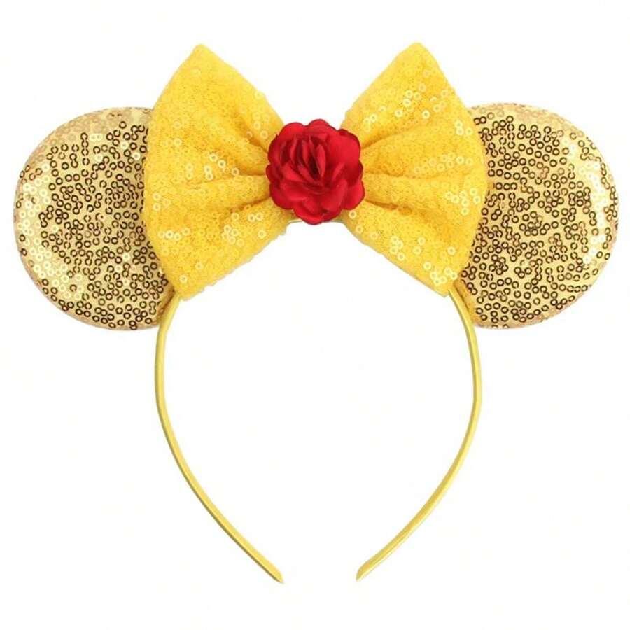 Disney 1pc Shiny Cartoon Rose Flower Themed Big Ear Sequin Headband, Women Girls Castle Theme Park Decor Hair Accessory, Student Party Costume Headpiece - Yellow - View 1