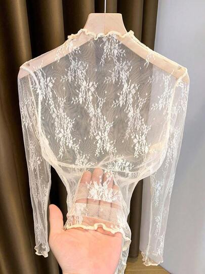 2025 New Arrival Women's Lace Mock Neck Layering Mesh Sheer Long Sleeve Undershirt, Spring/Summer/Autumn