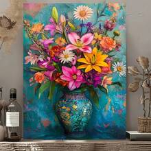2D Plano, 1 Pieza de Arte de Pared en Lienzo Floral - Pintura de Jarrón Moderna Retro Rosa, Amarillo, Púrpura, Naranja, Blanco, Verde, Azul Teal - Con Gancho Listo para Colgar - Adecuado para Decoración de Sala de Estar, Dormitorio, Oficina, Cocina - Decoración Elegante para el Hogar, 2D Plano - Multicolor - Ver 6