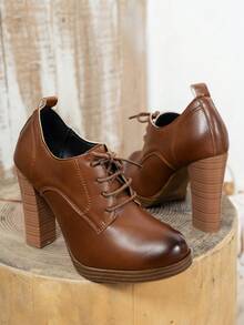 Fashionable High-End Elegant Vintage Minimalist Sophisticated Black Lace-Up Chunky Heel Women's High Heels, Western Style PU Leather Lace-Up Party Shoes