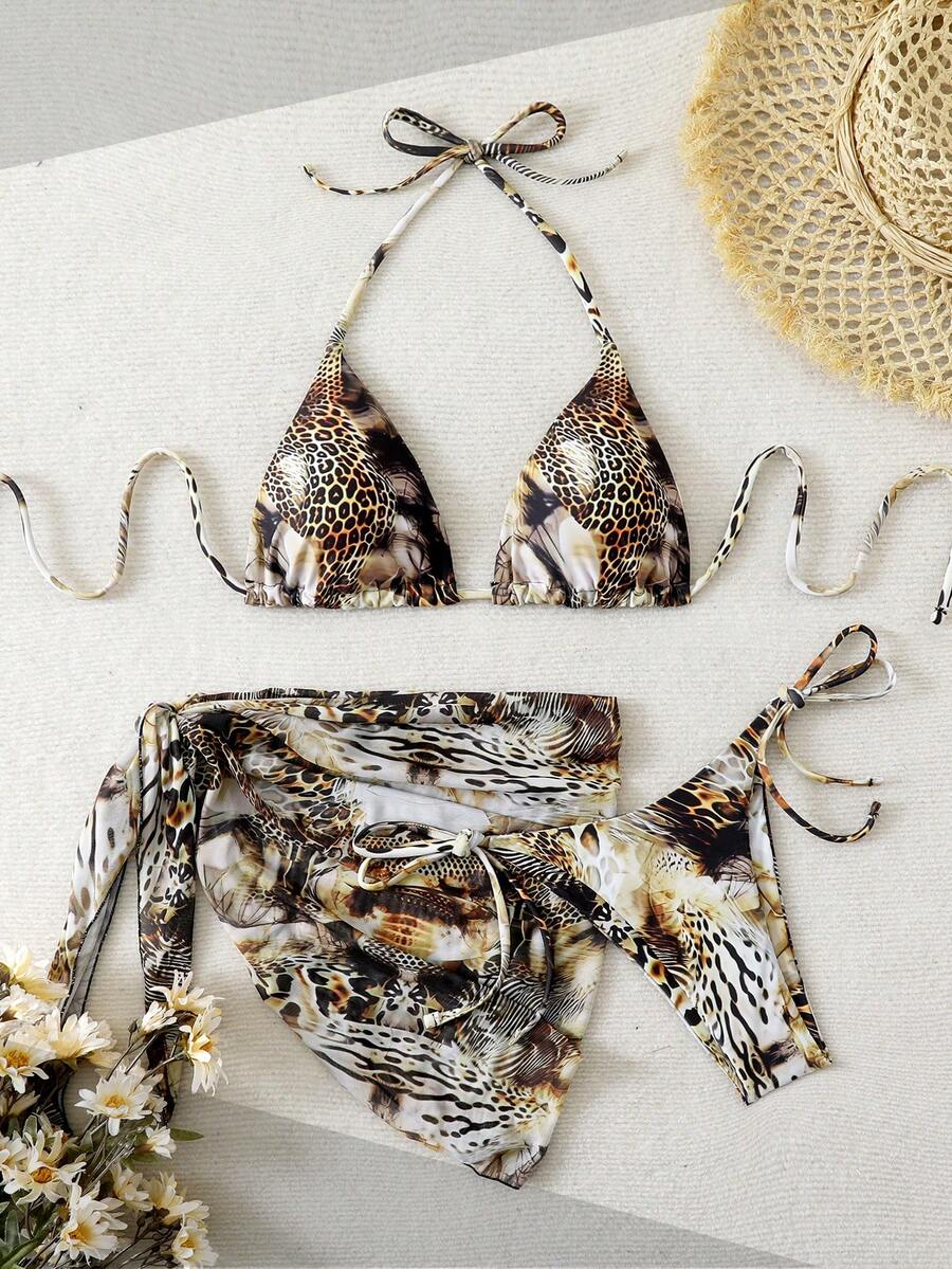Bộ bikini gợi cảm buộc dây cổ họa tiết da báo dành cho nữ, kèm váy sarong cùng màu, thích hợp cho mùa hè đi biển. - Nhiều màu - Xem 1