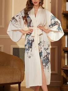 Retro Loose Bohemian Mid-Length Peacock Print Elegant Personalized Fashion Kimono Cover Up, Casual Homewear Tie-Waist Robe, Thin Outerwear For Summer Beach Vacation Swimsuit Cover-Up - Apricot - View 4