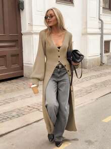 Áo khoác cardigan dài tay phồng cổ chữ V sâu màu trơn dành cho nữ hiệu Senya, áo len dệt kim mặc hàng ngày, thích hợp cho mùa thu/đông. - Màu Khaki - Xem 2