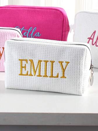 Customized Embroidered Waffle Plaid Cosmetic Bag - Large Capacity/Compact/Mini Storage Pouch. Multifunctional Design For Travel, Storage, Kitchen Accessories, Bathroom Accessories, Kitchen Storage, Bathroom Organization, Serving As Both A Handbag And A Tote. Ideal Gift For Bridesmaids, Mothers, Birthdays, Valentine's Day And Christmas