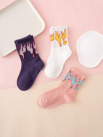 3 Pairs Girls' Solid Color Comfortable Soft Flame Pattern Knee-High Socks