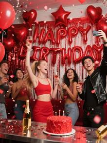 13/28 piezas de decoraciones de cumpleaños rojas, pancarta de globos rojos de feliz cumpleaños en 3D, globos de aluminio en forma de estrella de cinco puntas y corazón, set de globos de confeti coloridos, adecuado para suministros de fiesta de cumpleaños de niños y niñas, fiesta del Día de San Valentín - Multicolor - Ver 9