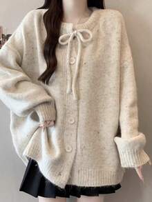 Autumn/Winter Round Neck Lace Bow Tie Cardigan Jacket Long Sleeve Top - Apricot - View 2