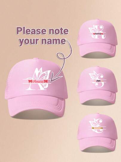 1 pieza Gorra de béisbol de camionero personalizada con mariposa rosa y letra para niñas, 26 opciones de alfabeto, sombrero ligero y transpirable para protección solar, regalo práctico, adecuado para primavera/verano, uso diario, escuela, juego