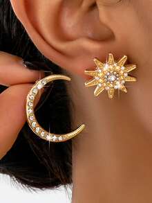 1 Pair Asymmetric Sun & Moon Design Rhinestone Stud Earrings, Fashionable & Elegant For Party, Banquet And Daily Wear - Yellow Gold - View 7