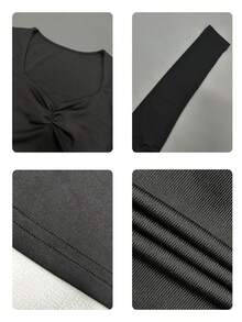 Women's Daily Black Long-Sleeved Low-Cut Pleated Sweetheart Collar Long Sleeve T-Shirt Casual Spring/Summer/Fall Long Sleeve Tops Women New Year Going Out Tops Women,Vacation Outfits Women Black Long Sleeve Top,Cute Tops,Crop Top,Tops For Women - Black - View 8