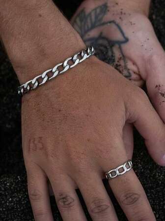 2pcs Stainless Steel Men's Bracelet Set, Adjustable Size Cool Personality Chain Bracelet & Ring Set, Street Fashion Chunky Chain Design, Textured Chain Details, Decorative Hand Accessory Set Suitable For Music Festivals, Street Style, Daily Wear