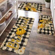 3pcs Bee Themed Home Kitchen Decor Mats, Buffalo Plaid Floor Mat, Absorbent Kitchen Rug, 100% Polyester Machine Washable, Entryway, Kitchen, Living Room, Bedroom, Bathroom Absorbent Floor Mat