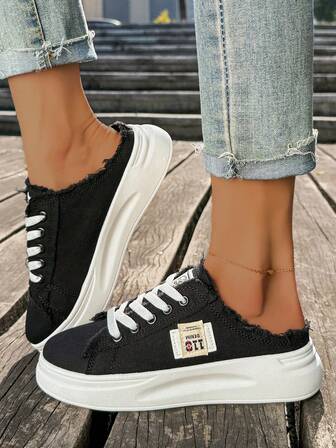 1 par de zapatos casuales de moda para mujer, con estilo de cordones y diseño de slip-on con suelas gruesas