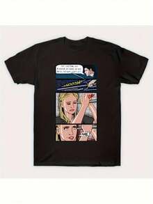 Men's Buffy The Vampire Slayer TV Show Graphic T-Shirt - Black With Buffy & Spike Comic Panel Art, "She's Born With Magical Abilities" Quote, Casual Round Neck Short Sleeve Tee For Fans, All-Season Comfort Fit - 預設 - 查看 1
