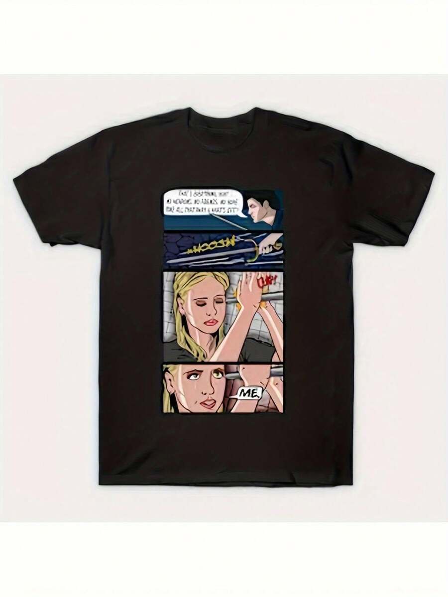 Men's Buffy The Vampire Slayer TV Show Graphic T-Shirt - Black With Buffy & Spike Comic Panel Art, "She's Born With Magical Abilities" Quote, Casual Round Neck Short Sleeve Tee For Fans, All-Season Comfort Fit - 預設 - 查看 1