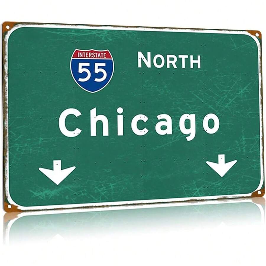 Vintage Chicago City Street Sign - North 55th State Highway Direction, Vintage Metal Tin Wall Art, Suitable For Home, Bar, Cafe, Garage Decoration, Aluminum 8x 12inch , Metal Outdoor Decoration,Home Decor, Decorating Styles, Office Decor, Family Decor - 白色 - 查看 1