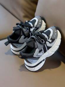 1 Pair Kids' Mesh Soft Bottom Non-Slip Lightweight Breathable Casual Fashion Chunky Sneakers, Comfortable Outdoor Running Shoes, Suitable For Spring And Autumn - Black - View 5