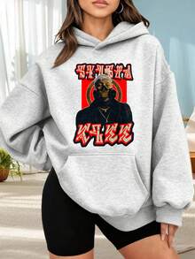 Fashionable Outdoor Hooded Sweater For Women. Black Hoodie With A Men's Image Print And Red Text. Urban Style For Casual And Sporty Wear. Perfect For Dates, Outings, And Holiday Gifts. - 淺灰色 - 查看 1